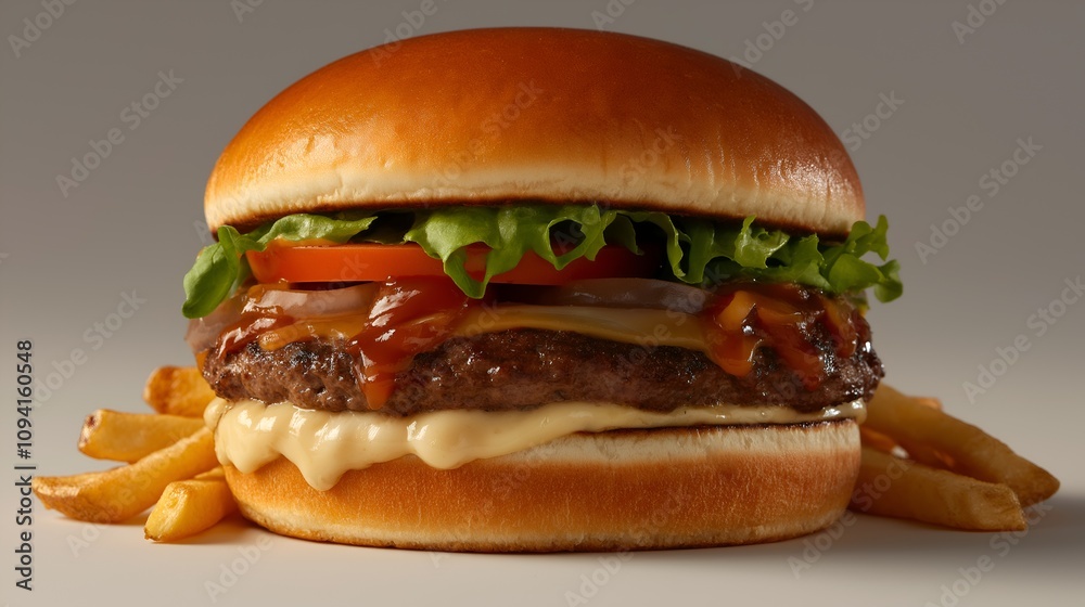 A towering masterpiece of a burger, featuring a perfectly grilled patty, crisp lettuce, ripe tomato, and a golden, toasted bun that beckons you to take a bite and savor its delicious flavors.
A towering masterpiece of a burger, featuring a perfectly grilled patty, crisp lettuce, ripe tomato, and a golden, toasted bun that beckons you to take a bite and savor its delicious flavors.
