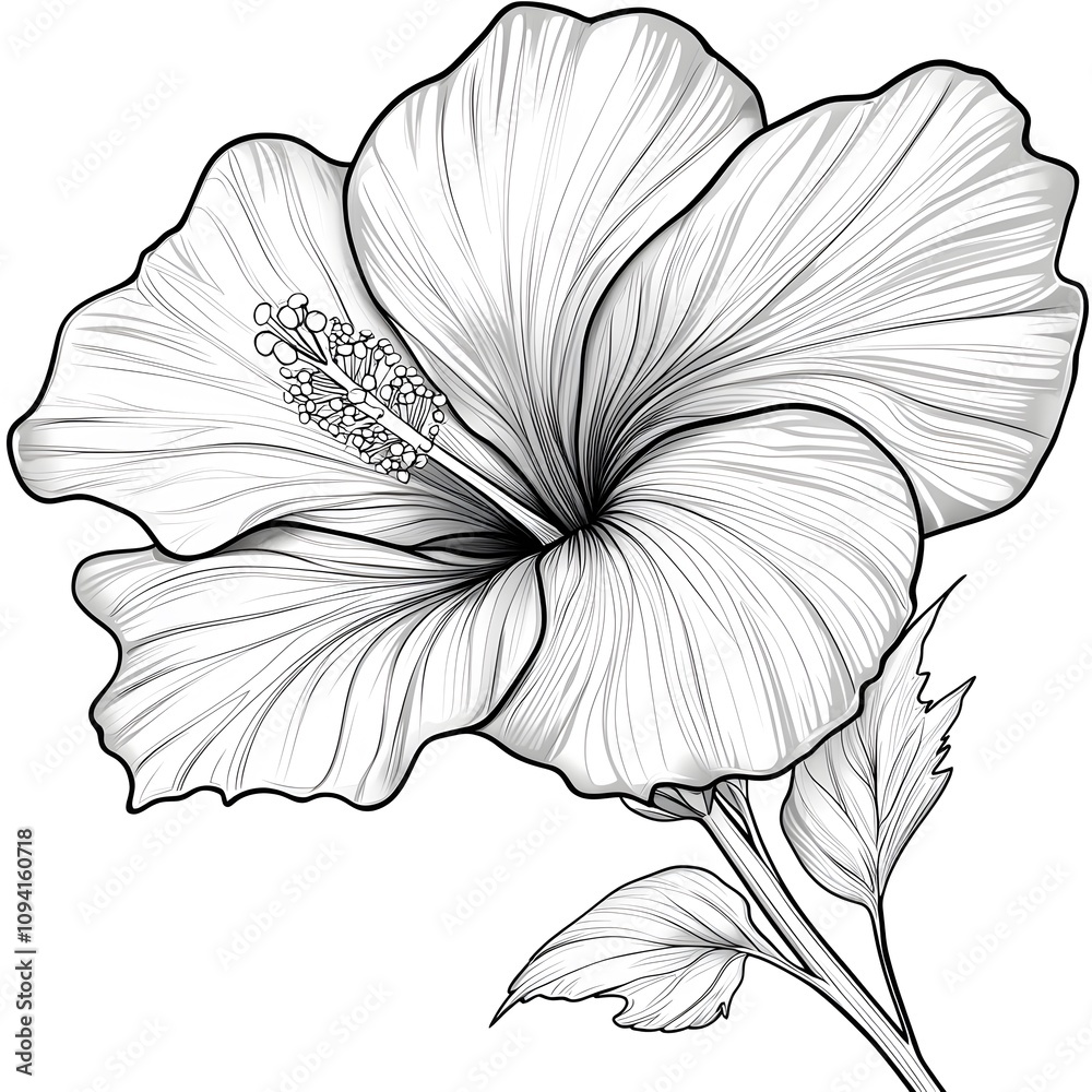 Fototapeta premium Intricate line art of a hibiscus flower, showcasing detailed petals and a prominent stamen