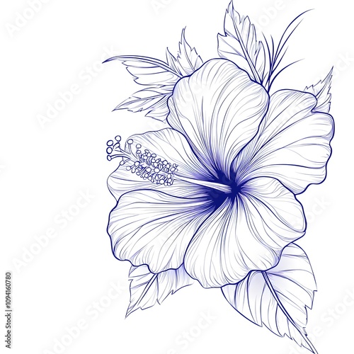 Intricate line art of a hibiscus flower, showcasing detailed petals and a prominent stamen