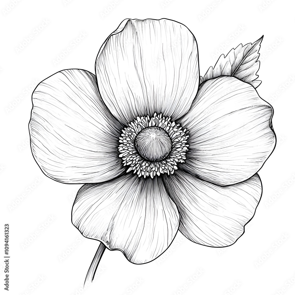 Sharp line art of an anemone flower with smooth, bold petals and a finely detailed center Sharp line art of an anemone flower with smooth, bold petals and a finely detailed center