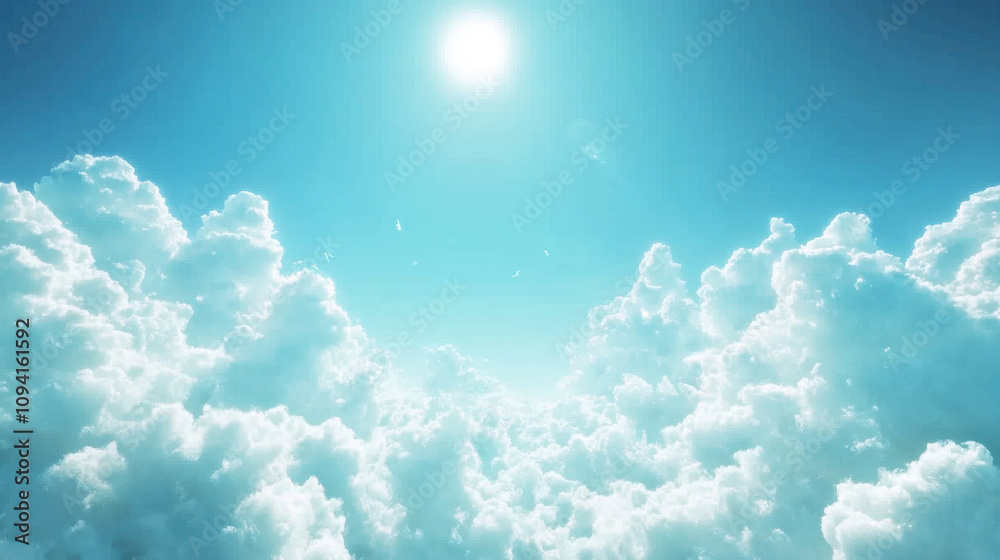 A serene sky filled with fluffy clouds and a bright sun shining in a blue atmosphere, creating a peaceful, uplifting scene. A serene sky filled with fluffy clouds and a bright sun shining in a blue atmosphere, creating a peaceful, uplifting scene.