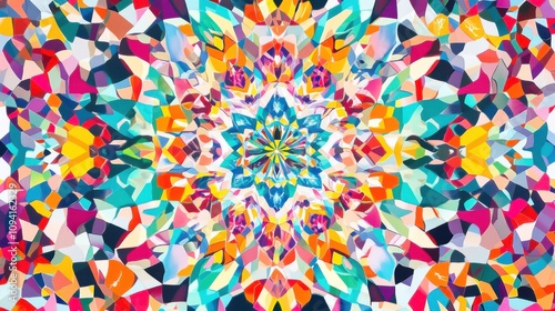 A kaleidoscope of shapes and colors radiating from a single point, Symbolizing the dynamic energy of inclusive societies, minimalist geometric style