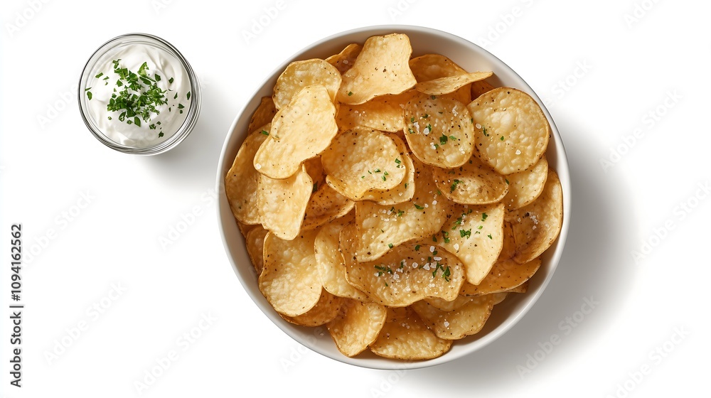 Sour cream flavor potato chips in a bowl salt and herbs sprinkled, top down, white background, ceramic bowl, glass, parsley, food photography Sour cream flavor potato chips in a bowl salt and herbs sprinkled, top down, white background, ceramic bowl, glass, parsley, food photography