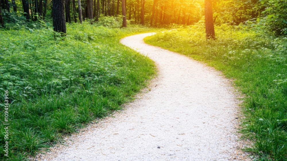 A winding pathway leads through a lush forest illuminated by soft sunlight, inviting a calm and peaceful atmosphere for walking A winding pathway leads through a lush forest illuminated by soft sunlight, inviting a calm and peaceful atmosphere for walking