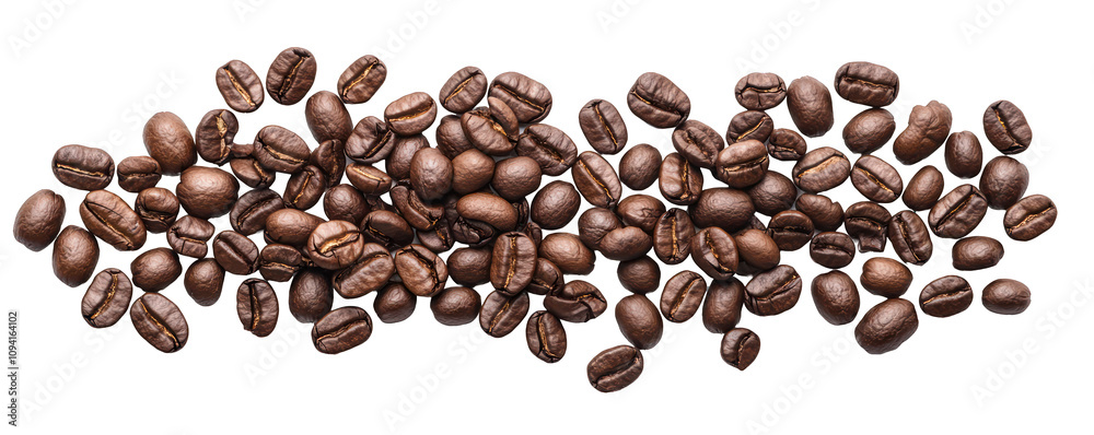 Obraz premium Isolated top view of scattered fresh coffee beans on a white backdrop.