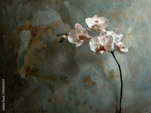 Elegant orchid stem in full bloom with white and pink petals against textured background, creating serene and artistic atmosphere