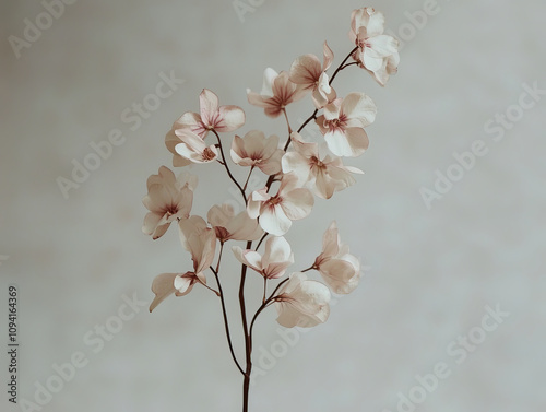 Lush orchid stem with delicate white and pink blooms against soft background, creating serene and elegant atmosphere