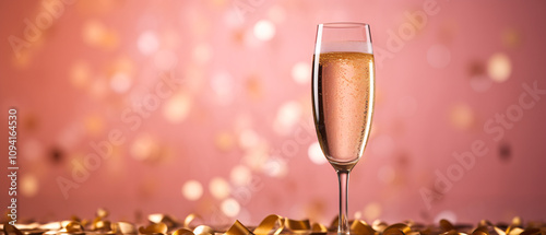 Drink of rose champagne in an elegant glass, set against a golden pink background, celebrating luxury. photo