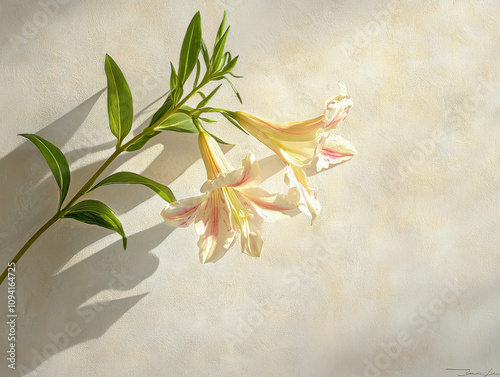 Lush white and pink orchid flowers with soft shadows on light background evoke serene and tranquil atmosphere. Perfect for floral decor or nature themes