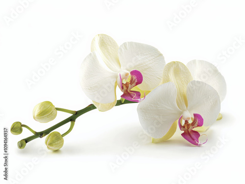 Elegant white and pink orchid with subtle shadows, showcasing delicate petals and buds, perfect for floral arrangements and decor