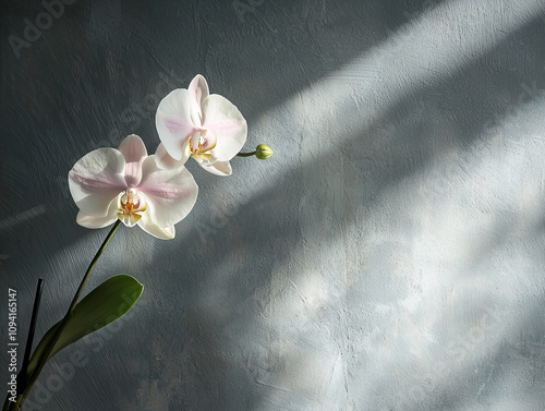 Elegant white and pink orchid blooms against textured gray background, showcasing delicate petals and soft shadows that create serene atmosphere