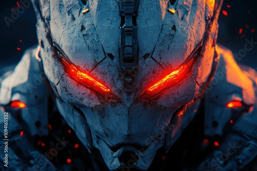 A close-up of a robotic skull with glowing red eyes, evoking a futuristic and ominous vibe.