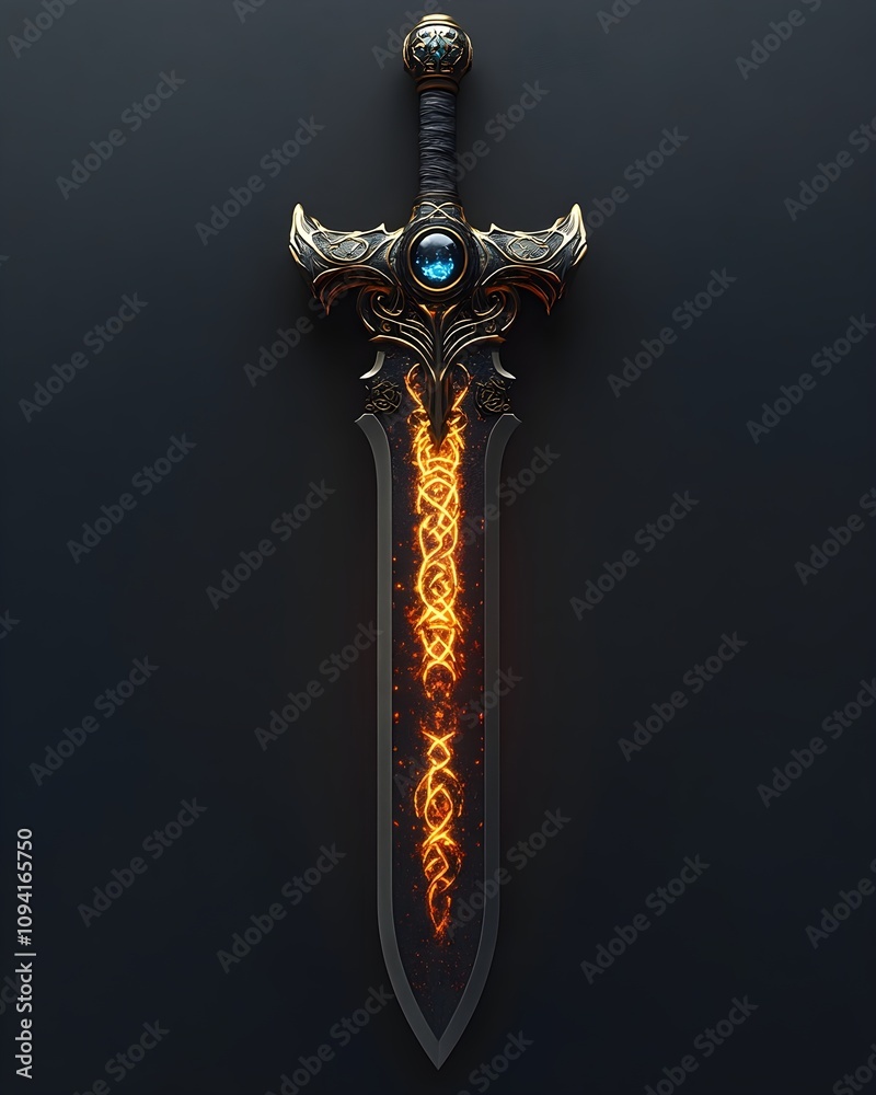 A majestic sword for Tyrfing Fire Force with an obsidian blade glowing crimson runes gold hilt shaped like flames and a blue crystal pommel A majestic sword for Tyrfing Fire Force with an obsidian blade glowing crimson runes gold hilt shaped like flames and a blue crystal pommel