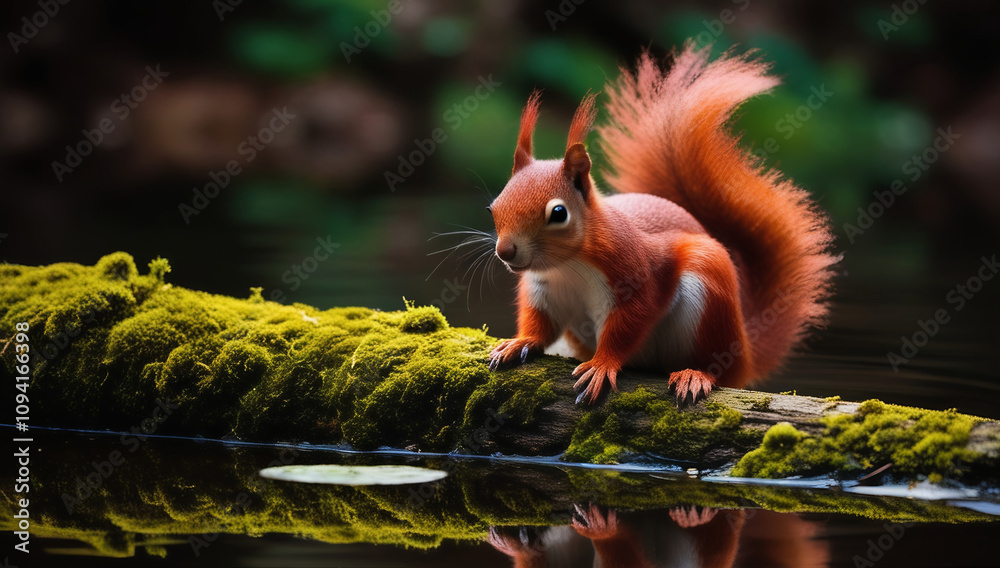 Fototapeta premium Squirrel by the Water: A Mossy Retreat