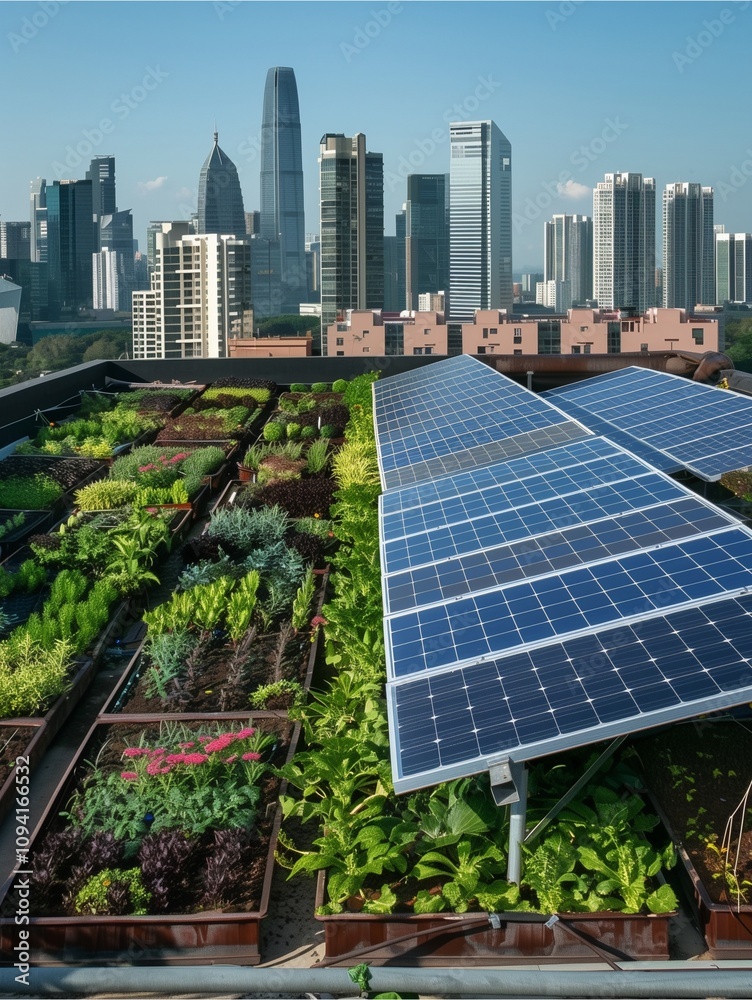 Fototapeta premium An urban rooftop garden featuring integrated solar panels, with a skyline of skyscrapers in the distance, more clarity with clear light and sharp focus, high detailed