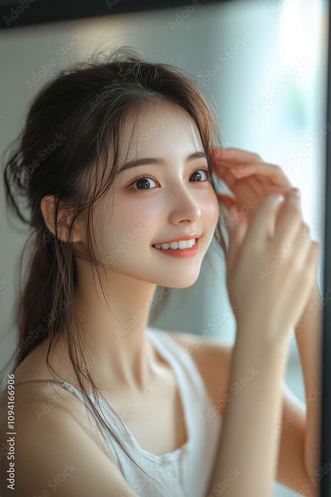 Japanese fitness woman smiling in sportswear, female athlete workout Japanese fitness woman smiling in sportswear, female athlete workout