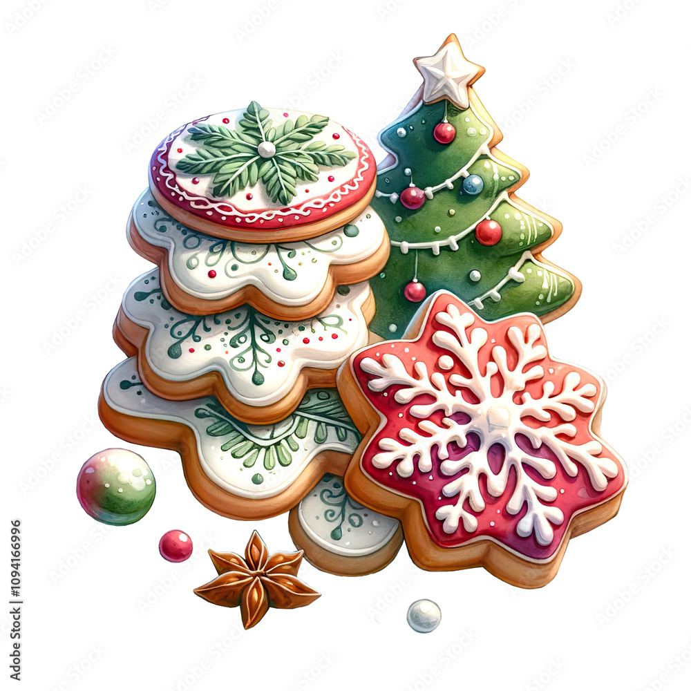 Festively decorated cookies shaped like trees, snowflakes, and stars. on a transparent background