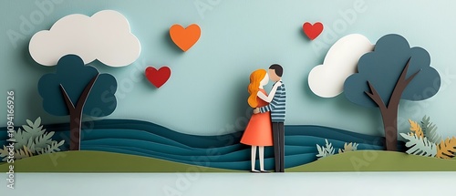 Loving couple embracing in a romantic pastoral setting with layered paper clouds trees and a heart dotted background created with a minimalist colorful papercraft design photo