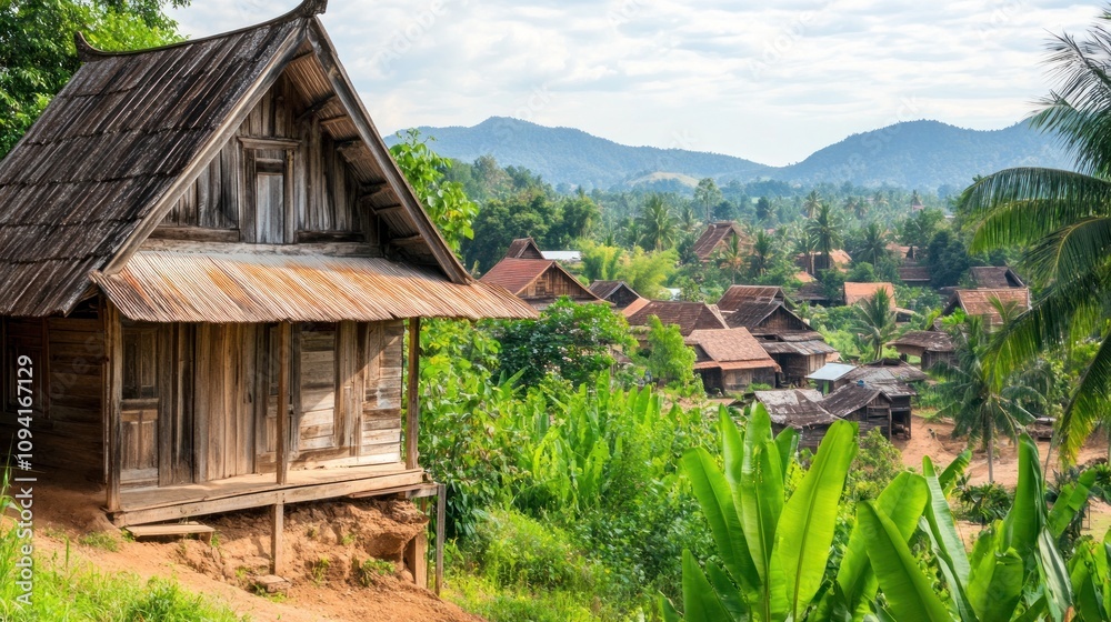 A serene village scene with traditional wooden houses amidst lush greenery and mountains. A serene village scene with traditional wooden houses amidst lush greenery and mountains.