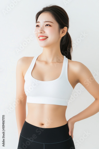 Korean fitness woman smile in sportswear, female athlete workout