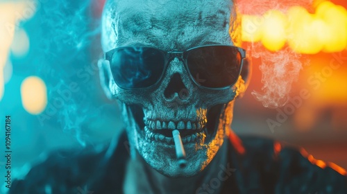 Wallpaper Mural A skeleton wearing sunglasses and smoking a cigarette, illuminated by contrasting neon blue and orange lighting, creating a striking image. Torontodigital.ca