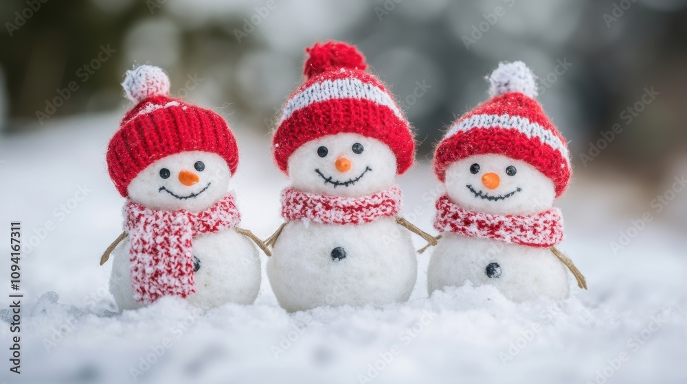 Three joyful snowmen are dressed in red hats and scarves, standing proudly together in a snowy landscape perfect for winter festivities