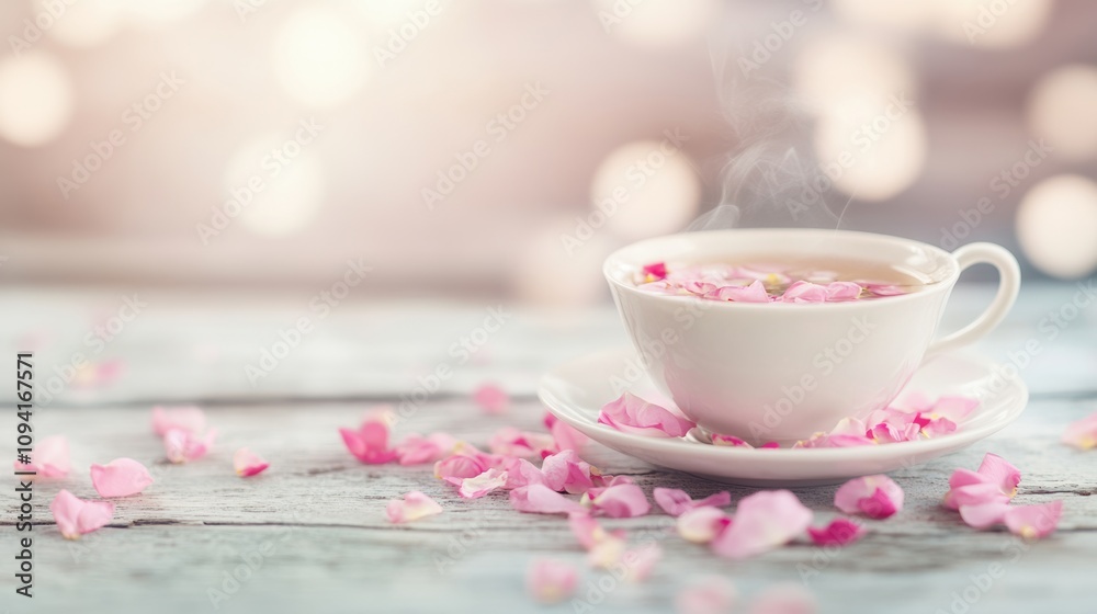 This warm cup of tea adorned with rose petals sits gracefully on a wooden table, perfectly creating a calming atmosphere for tea lovers