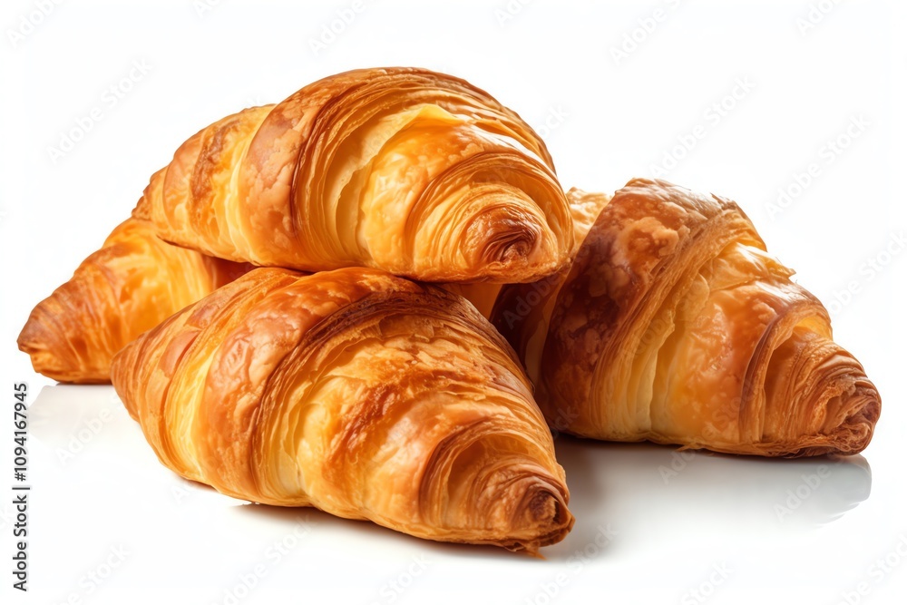 Four golden-brown croissants, freshly baked, stacked on a white background. Four golden-brown croissants, freshly baked, stacked on a white background.