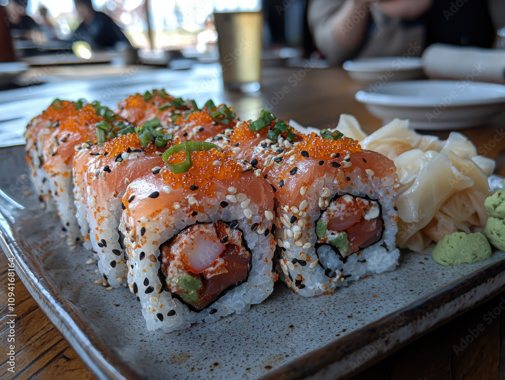 Savoring spicy tuna rolls with fresh tuna and spicy mayo a culinary delight experience in a trendy sushi bar setting