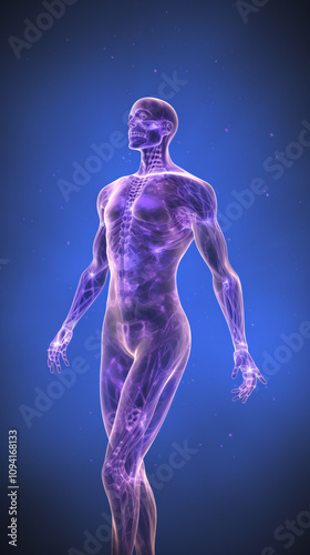 Ultra-realistic human body illustration with purple background, detailed anatomy, showcasing muscles, organs, and structure. photo