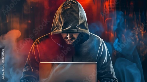 Cybersecurity: A hooded man in front of a laptop, featuring mysterious symbols. The scene has a dappled, matte background, invoking a manapunk, neo-academism vibe with enigmatic figures.