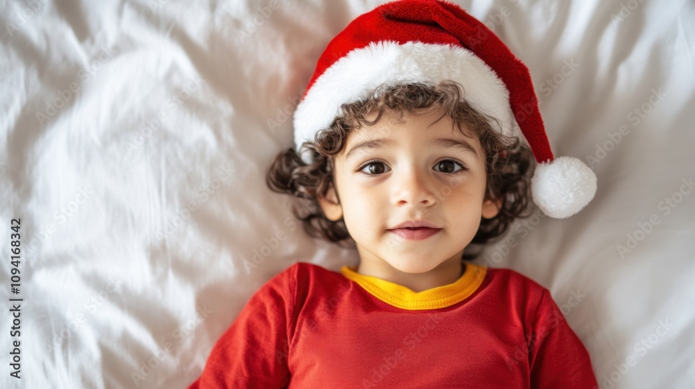 A young child relaxes in bed, wearing a festive Santa hat, exuding warmth and happiness during the holiday season