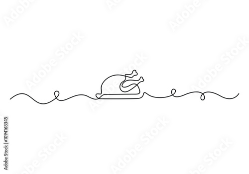 Continuous one line drawing of whole turkey Happy thanksgiving roasted turkey poultry food vector illustration