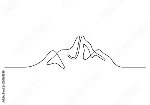Continuous line drawing of mountain ridge landscape. Web banner with high mounts and peaks in simple linear style. Adventure winter sports ski and hiking concept. Vector illustration