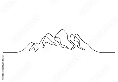 Continuous line drawing of mountain ridge landscape. Web banner with high mounts and peaks in simple linear style. Adventure winter sports ski and hiking concept. Vector illustration