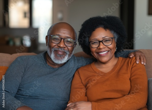 Hug, portrait and a senior black couple at home. Smile, love and an elderly man and woman hugging 