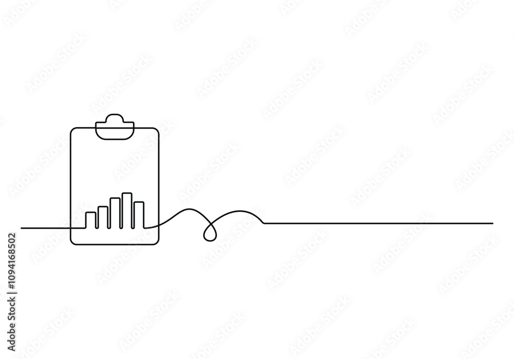 Clipboard with a continuous one line drawing style, featuring a growth graph icon symbolizing business success and financial growth. Vector illustration Clipboard with a continuous one line drawing style, featuring a growth graph icon symbolizing business success and financial growth. Vector illustration