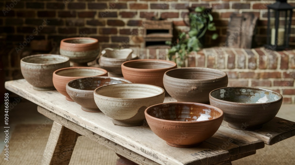 A rustic display of various handcrafted bowls arranged on a wooden table, set against a textured brick wall for a cozy, artistic ambiance. A rustic display of various handcrafted bowls arranged on a wooden table, set against a textured brick wall for a cozy, artistic ambiance.