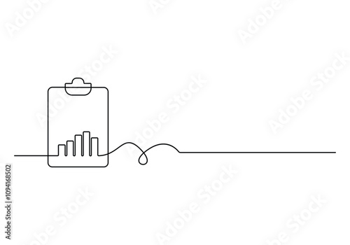 Clipboard with a continuous one line drawing style, featuring a growth graph icon symbolizing business success and financial growth. Vector illustration