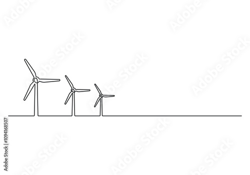 Continuous one line wind farm turbines vector illustration