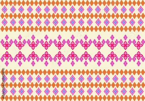 Ornamental Floral Rows : Ideal for textiles, home décor, or digital artwork. seamless pattern showcases a harmonious blend of vibrant pink and orange floral motifs arranged in repetitive rows