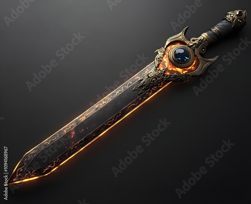 A majestic sword for Tyrfing Fire Force with an obsidian blade glowing crimson runes gold hilt shaped like flames and a blue crystal pommel photo