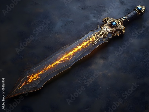 A majestic sword for Tyrfing Fire Force with an obsidian blade glowing crimson runes gold hilt shaped like flames and a blue crystal pommel photo