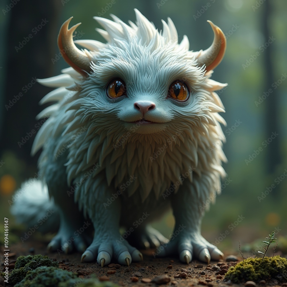 Cute Fantasy Creature with Fluffy White Fur in a Forest Cute Fantasy Creature with Fluffy White Fur in a Forest