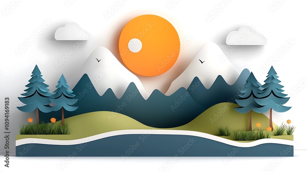 Fototapeta premium Stunning digital landscape depicting a majestic mountain range with lush evergreen forests a winding stream and a glowing sun rising or setting over the horizon