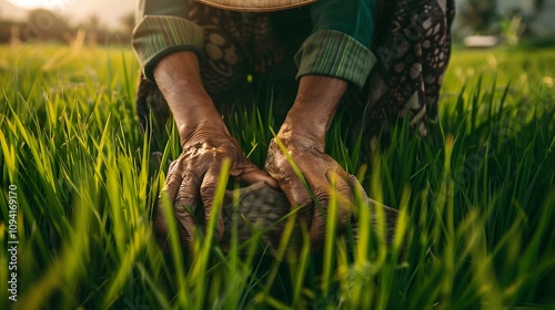 Elderly farmer's hands planting rice seedlings in a vibrant green paddy field during the golden hour.