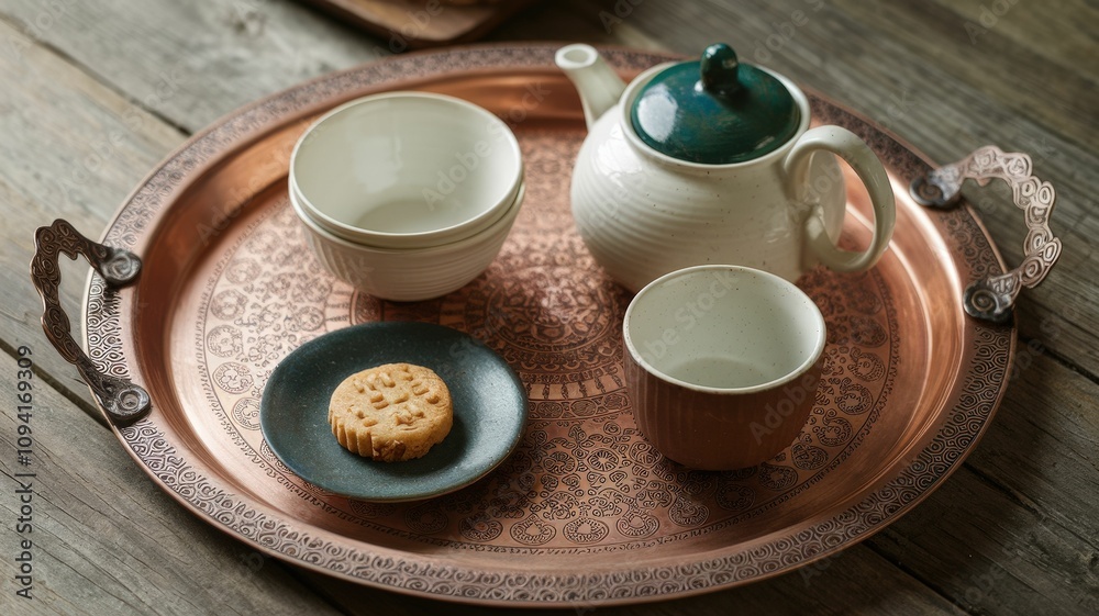 A cozy tea set displayed on a decorative tray, featuring a teapot, cups, and a cookie on a small plate, set against a rustic wooden background. A cozy tea set displayed on a decorative tray, featuring a teapot, cups, and a cookie on a small plate, set against a rustic wooden background.