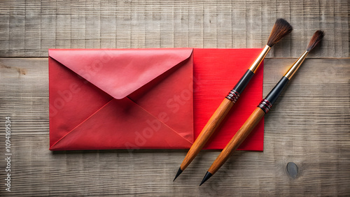 Classic Calligraphy Brush and Ink Set with Red Envelope and Yuanxiao. Perfect for: Chinese New Year, Cultural Celebrations