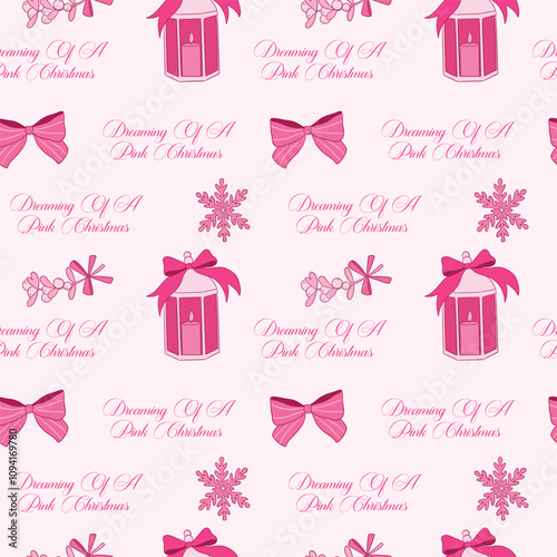 Festive Pink Christmas Pattern With Lanterns and Ribbons