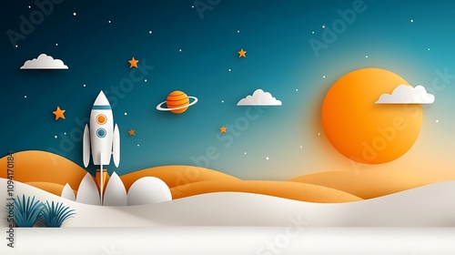 A stunning futuristic depicting a rocket spacecraft lifting off from the surface of a desert planet surrounded by a breathtaking cosmic landscape of glowing moons shimmering stars
